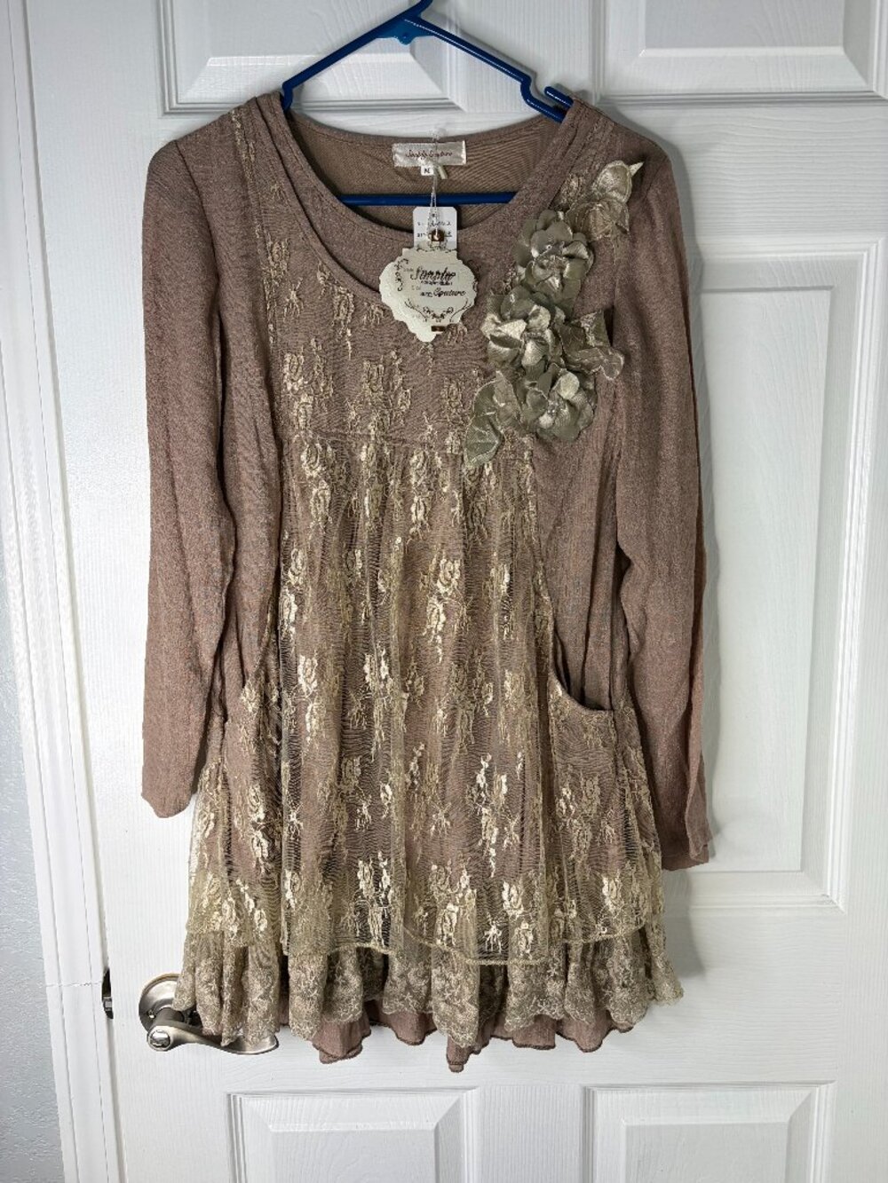 NWT Simply Couture Boho Lace Layered Tunic Blouse M Taupe